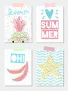 Set of vector bright summer cards with starfish, pineapple, bananas and hand written text