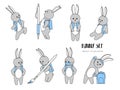 Set of vector bunnies. Hand drawn cartoon bunny with backpack in school. Cute character design. Rabbit schoolboy . Doodle funny ic