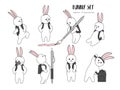 Set of vector bunnies. Hand drawn cartoon bunny with backpack in school. Cute character design. Rabbit schoolboy . Doodle funny ic Royalty Free Stock Photo