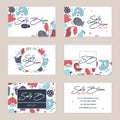 Set of vector business card templates. Hand drawn abstract shapes with different textures, spots and decorative elements