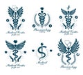 Set of vector Caduceus logotypes can be used in cardiology, rehabilitation and as medical clinic emblems.