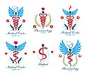 Set of vector Caduceus logotypes can be used in cardiology, rehabilitation and as medical clinic emblems.