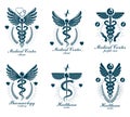 Set of vector Caduceus logotypes can be used in cardiology.