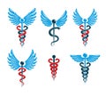 Set of vector Caduceus symbols created using bird wings and snakes. Medical treatment and rehabilitation theme illustrations.