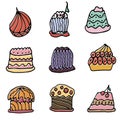 Set of vector cakes with cream or fruits, Illustration on white background in hand drawn doodle style.Great for web page backgrou