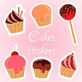 Set of vector cakes stickers in flat design.