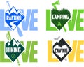 set of vector camping, hiking, caving and rafting emblems labels