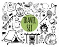 Set of vector camping and tourism icons. Hand-drawn hiking elements on a white background. A sketch of tourist equipment and tools Royalty Free Stock Photo