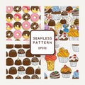 Set of Vector Candy, Bows and Muffins Seamless Patterns. Sweet Party Texture.