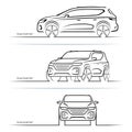Set of vector car silhouettes, outlines, contours. Front, side and perspective view of SUV vehicle Royalty Free Stock Photo