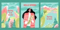 A set of vector cards with spring landscapes and a cute girl with a bouquet in her hands