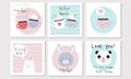 Set of 6 vector cards in Valentine Day theme with animals, cups