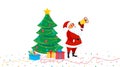 Set of vector cartoon christmas design elements with cute Santa Claus holding megaphone, tree, gift boxes, confetti Happy New year Royalty Free Stock Photo