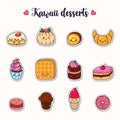 Set of vector cartoon doodle icons dessert, cake, ice cream, sweets food. Illustration of comic baking. Patch, badge