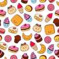 Set of vector cartoon doodle icons dessert, cake, ice cream, sweets food. Illustration of comic baking. Seamless texture Royalty Free Stock Photo