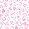 Set of vector cartoon doodle icons dessert, cake, ice cream, sweets food. Illustration of comic baking. Seamless texture Royalty Free Stock Photo