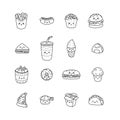 Set of vector cartoon doodle icons junk food. Illustration of comic fast food