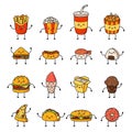 Set of vector cartoon doodle icons junk food. Illustration of comic fast food. Patch, badge