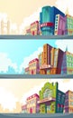 Set vector cartoon illustration of an urban landscape with the buildings of old and modern cinemas. Royalty Free Stock Photo