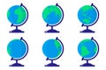 Set of vector cartoon illustrations with desktop school Earth globe from different sides on white background