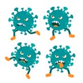 Set of vector cartoon illustrations of funny coronavirus character isolated on white background