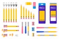 Set of vector cartoon illustrations with simple pencils, pencil sharpener and eraser on white background Royalty Free Stock Photo