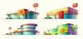 Set of vector cartoon illustrations, various buildings, car sale centers, car rental.