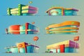 Set of vector cartoon illustrations, various supermarket buildings, shops, large malls, stores