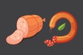Set of vector cartoon sausage. Bacon, sliced Salami and Smoked Boiled. fresh Delicatessen icons. Grilled