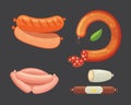 Set of vector cartoon sausage. Bacon, sliced Salami and Smoked Boiled. fresh Delicatessen icons. Grilled