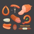 Set of vector cartoon sausage. Bacon, sliced Salami and Smoked Boiled. Isolated fresh Delicatessen icons. Grilled