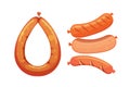 Set of vector cartoon sausage. Bacon, sliced Salami and Smoked Boiled. Isolated fresh Delicatessen icons. Grilled