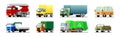 Set of vector cartoon vehicles. There are lorry, fire truck, garbage truck, heavy truck, crane truck, SUV, bus. Flat style vector