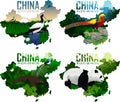 Set of vector china maps with animals: Pangolin, diamond pheasant, Golden pheasant, Red-crowned crane, and panda