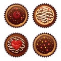 Set of vector chocolate cakes with cherries, strawberries and sprinkles. Royalty Free Stock Photo