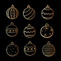 Set of vector Christmas outline gold tree balls. Simple hand drawn elements, clipart of New year and xmas design Royalty Free Stock Photo