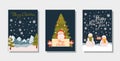 Set of vector Christmas postcards with Santa and elves. Winter landscape