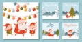 Set of Christmas square illustrations with Santa and elves. Winter landscape