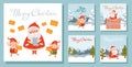 Set of Christmas square illustrations with Santa and elves. Winter landscape