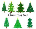 Set of 7 vector Christmas trees with decoration. Royalty Free Stock Photo