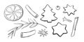 Set of vector Christmas winter outline elements in doodle style. For templates menu, recipes, greeting cards
