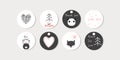 Set of 8 vector circled tags with animals, hearts and words for