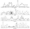 Set of vector cities silhouette Paris, Berlin, Moscow and New Y Royalty Free Stock Photo