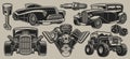 Set of vector classic cars and parts illustrations in vintage style