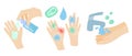 Set of vector clip art hand washing for infographics in flat style. Hands apply antibacterial gel. Hands are washed under the