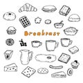 Set of vector cliparts popular products for hot Breakfast, hand drawing sketch