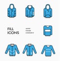 Set of vector clothing icons with blue fill and black stroke