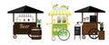 Set of vector coffee, beer and lemonade carts. Vector flat illustration of a street fast food. Point drinks of sale