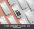 Set of vector coffee packages laid out on the surface, top view. Side gusset pouch template