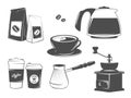 Set of vector coffee packages, turk, coffee grinder, cups, beans and pot.